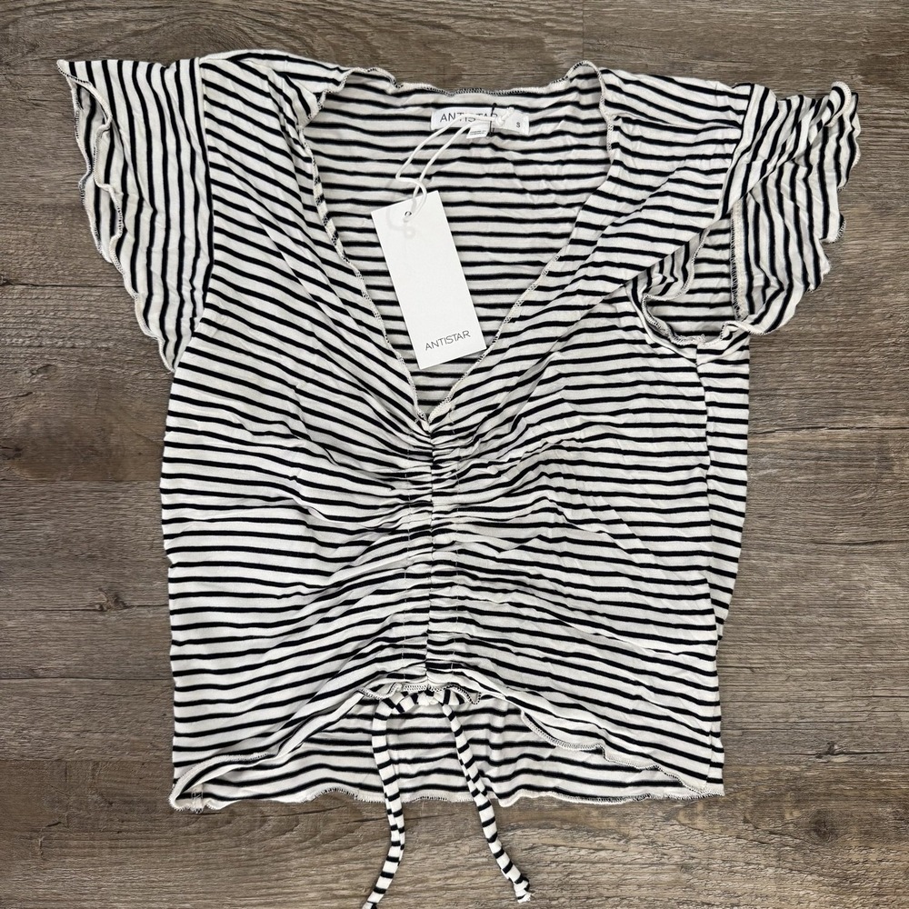 NWT Antistar Black White Striped Ruched Tie Front Flutter Sleeve Top Size S